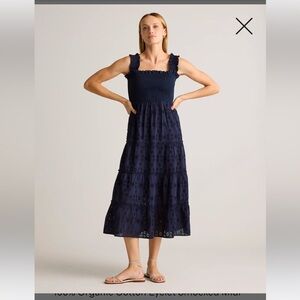 Quince 100% Organic Cotton Eyelet Smocked Midi Dress Sz M Deep Navy NEW
